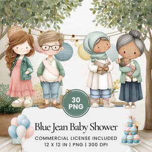 Puede incluir: Un conjunto de ilustraciones digitales con cuatro personajes de dibujos animados, incluida una persona con vestido rosa y chaqueta de mezclilla, una persona con gafas, una persona con hiyab sosteniendo un libro y una persona sosteniendo un bebé, con el texto Blue Jean Baby Shower.