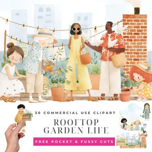 Op de afbeelding: Waterverfillustratie van een daktuinscène met verschillende figuren. De afbeelding toont mensen die planten verzorgen, met duiven en een bakstenen schoorsteen. De tekst luidt "Rooftop Garden Life" en "30 Commercial Use Clipart".