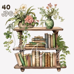 Vintage Bookshelf Clipart - 40 High Quality JPGs - Digital Planner, Junk Journaling, Watercolor, Commercial Use, Digital Download, Mugs