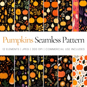 Puede incluir: Doce patrones sin costuras con calabazas, hojas y flores sobre un fondo negro. Los patrones son perfectos para manualidades y proyectos de temática otoñal.