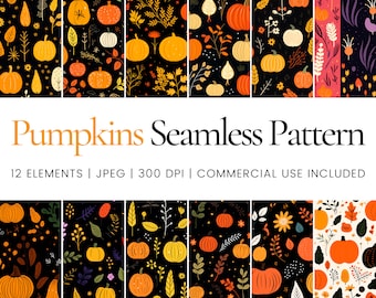 Pumpkins Seamless Pattern Bundle, Fall Pumpkin Digital Papers, Autumn Harvest Background, Thanksgiving Pumpkin Prints for Crafts, Commercial