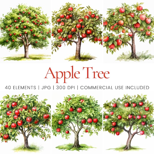 Apple Tree Clipart - 40 High Quality JPGs - Digital Planner, Junk Journaling, Watercolor, Commercial Use, Digital Download, Apparel, Mugs