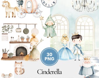 Cinderella clipart, watercolor PNG set with princess, carriage, fairy godmother, castle, mice and glass slipper art for crafts invitations