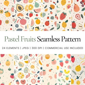 Puede incluir: Un conjunto de 8 patrones sin costuras con frutas de colores pastel, incluyendo limones, naranjas, fresas, piñas y sandías. Los patrones están sobre un fondo beige claro con puntos negros.