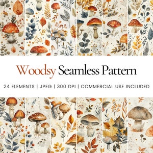 Paddestoel Woodsy naadloos herhaalpatroon, digitaal papier, achtergrond, Tumbler Wrap, afdrukbaar, commercieel gebruik, mokken, Home Decor, Junk Journal