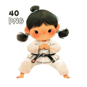 Karate Kids Clipart - 40 PNG di alta qualità - Pianificatore digitale, Junk Journaling, Acquerello, Arte della parete, Uso commerciale, Tazze, Sublimazione
