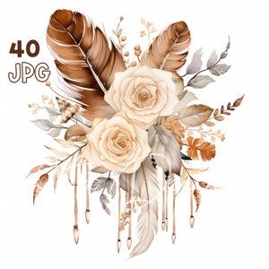 Boho Beig Blumen Clipart - 40 hochwertige JPGs - Digitaler Planer, Junk Journaling, Aquarell, kommerzielle Nutzung, digitaler Download, Tassen