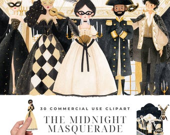 Midnight Masquerade Ball Clipart Bundle, Watercolor Black Gold Elegant Illustrations, Masked Guest Ballroom PNG, Masquerade Party Designs