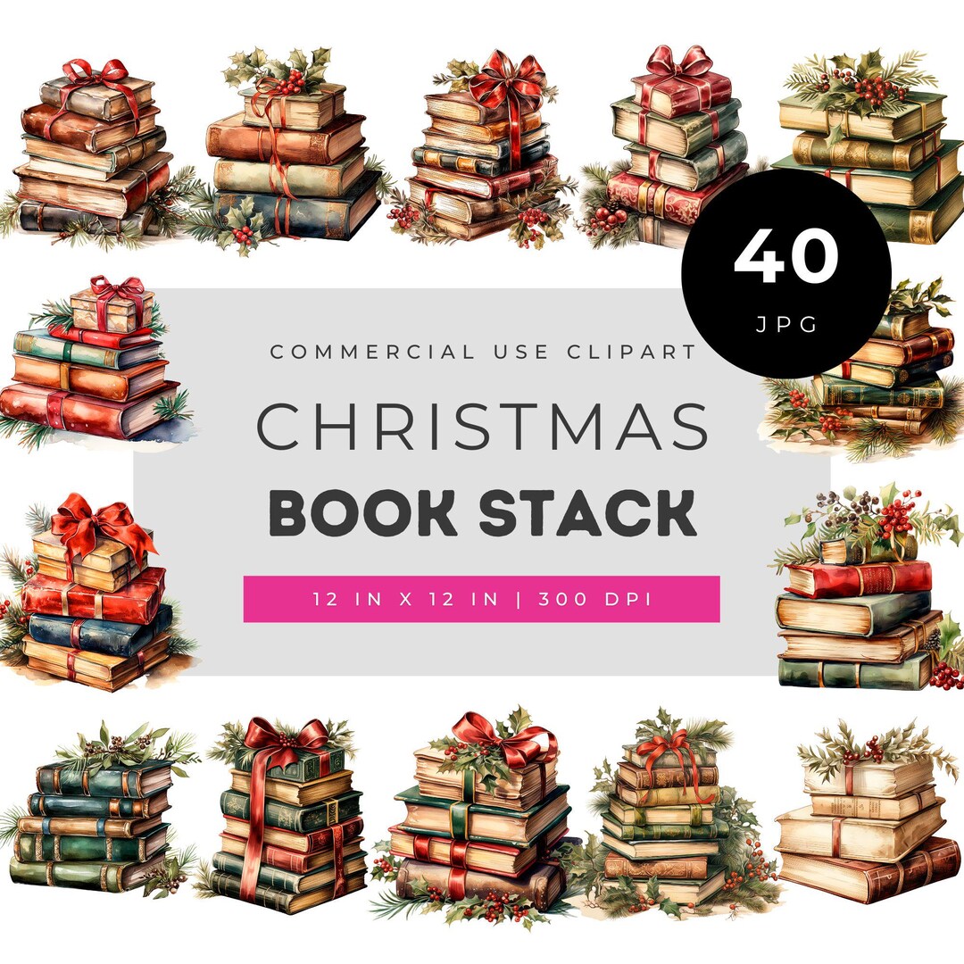 Christmas Book Stack Watercolor Clipart, Festive Reading Art, Vintage ...