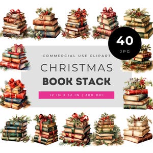 Christmas book stack watercolor clipart, festive reading art, vintage holiday books illustration, cozy library decor, winter gift design