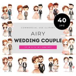 Airy wedding couple watercolor clipart set, cute brides grooms pastel gowns suits florals and romantic decor elements, marriage art bundle