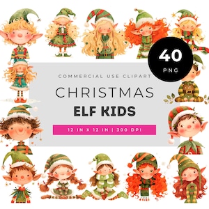 Christmas elf kids clipart bundle, cute watercolor elves in festive green and red outfits for holiday crafts cards stickers & winter designs