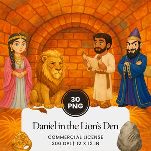 Puede incluir: Ilustración de la historia bíblica de Daniel en el foso de los leones. La imagen presenta un león, Daniel y otros personajes en un entorno de ladrillos. El texto "Daniel en el foso de los leones" se muestra. La imagen mide 30,48 x 30,48 cm.