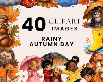 Rainy Autumn Day Clipart Bundle, Watercolor Fall Kids Umbrella PNG, Autumn Rain Puddle Clipart, Kids Raincoat Leaves Fall Season Download