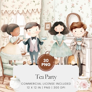 Clipart Vintage Tea Party - 30 PNG - Planejador digital, Junk Journaling, Arte de parede, Uso comercial, Sublimação, Scrapbooking, Cartões, Adesivos