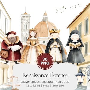 Puede incluir: Un conjunto de 30 ilustraciones digitales con pinturas de acuarela de figuras de la época del Renacimiento en Florencia, Italia. Las ilustraciones incluyen un rey, una reina y una monja, todos vestidos con ropa de época. Las ilustraciones están ambientadas en el contexto de la icónica catedral del Duomo.