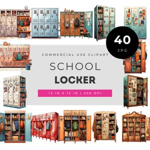 School locker clipart bundle, vintage school lockers illustrations, classroom decor JPG set, back to school aesthetic, commercial use