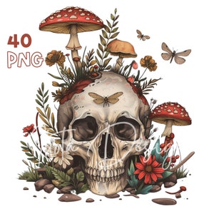 Vintage Totenkopf Clipart - 40 hochwertige PNGs - Digitaler Planer, Junk Journaling, Aquarell, Wandkunst, kommerzielle Nutzung, Tassen, Dekor, Bekleidung