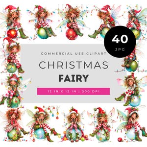 Kerstfee clipart, feestelijke aquarelkunst van een elfenmeisje, fantasiekarakterset voor de feestdagen, magische JPG-collectie met kerstillustraties