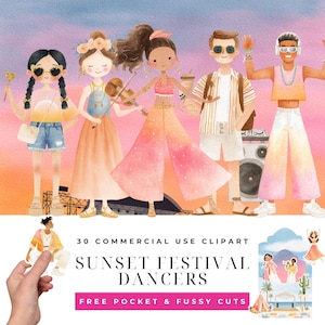 Sunset Festival Clipart Bundle, Watercolor Golden Hour Musician Illustrations, Boho Dancer Singer PNG, Open Air Concert Characters Designs