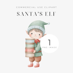 Op de afbeelding: Waterverfillustratie van Santa's Elf met een stapel cadeaus. De elf draagt een groene hoed en jas, een rode kraag en een bruine broek en schoenen. De afbeelding bevat de tekst "SANTA'S ELF" en "COMMERCIAL USE CLIPART".