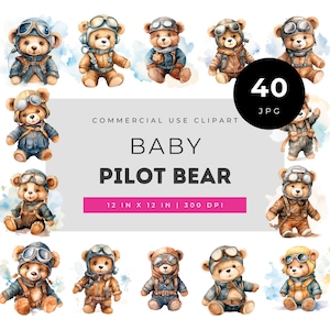 Baby Pilot Bear Clipart Bundle, Vintage Aviator Teddy Bear PNG Set, Airplane Nursery Decor, Baby Shower Invitation Art Commercial Use