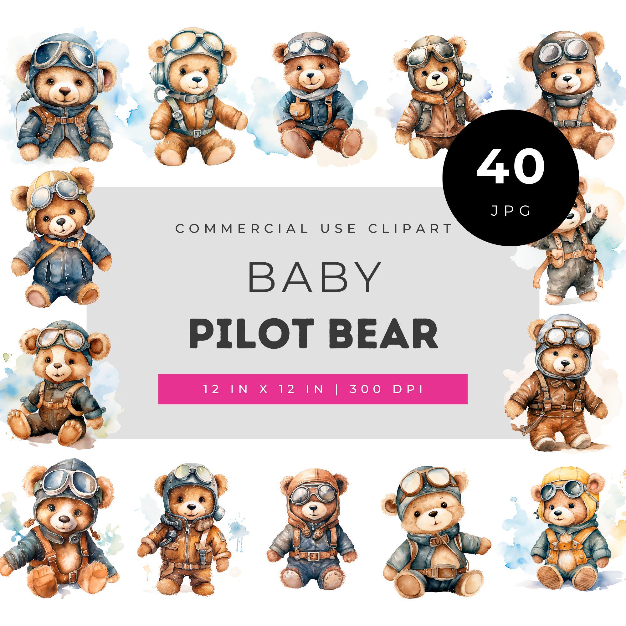 Baby Pilot Bear Clipart Bundle, Vintage Aviator Teddy Bear PNG Set