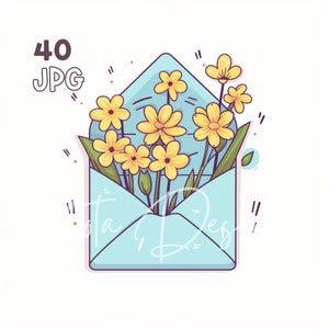 Envelope & Flowers Clipart - 40 High Quality JPGs - Digital Planner, Junk Journaling, Icon Style, Commercial Use, Digital Download, Mugs