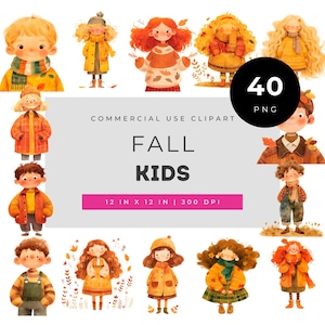 Fall Kids Watercolor Clipart Set, Cute Autumn Children in Cozy Outfits, Woodland Kids Illustrations for Planners Invitations Scrapbooks PNG