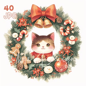 Christmas Cat Wreath Clipart - 40 High Quality JPGs - Digital Planner, Junk Journaling, Wall Art, Commercial Use, Sublimation, Scrapbook