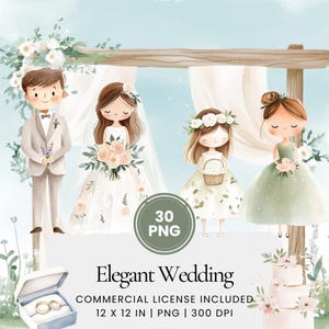 Puede incluir: Un conjunto de 30 ilustraciones digitales que representan una ceremonia de boda con una novia, un novio, una niña de las flores y un pastel de bodas. Las ilustraciones están en un estilo de acuarela y presentan colores pastel.