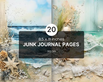Afdrukbare strandjournaalpagina's, plakboekpapier met oceaanthema 8,5x11, collagevellen voor kustjournaals, digitale kit met zee-esthetiek