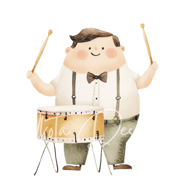 May include: A cartoon illustration of a person playing a drum with two drumsticks. The person is wearing a white shirt with suspenders, a bow tie, and brown pants. The drum is brown with a white rim and black lines.