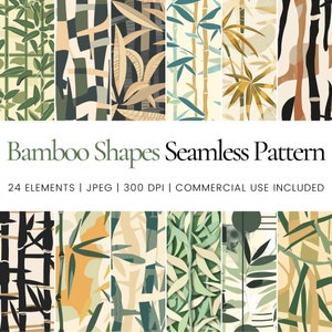 Nahtloses Wiederholungsmuster mit Bambusformen, minimalistisches asiatisch inspiriertes Oberflächendesign, Zen-Botanisches Digitalpapier, grüner Stoffdruck, Junk Journal