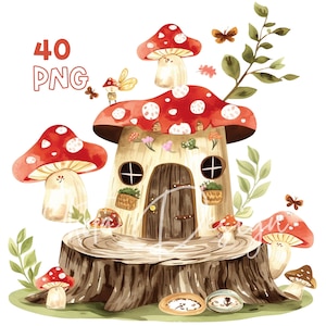 Forest Fairy House Clipart - 40 High Quality PNGs - Digital Planner, Junk Journaling, Watercolor, Commercial Use, Digital Download, Nursery