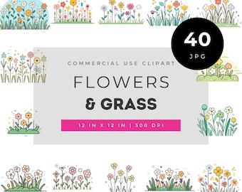 Ensemble d'images clipart de fleurs et d'herbes avec de jolies bordures florales dessinées au trait pour les projets d'enfants, les invitations, le scrapbooking, les loisirs créatifs et les créations DIY (format JPG).