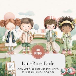 Kleine racer dude aquarel clipart, raceauto verjaardag graphics voor jongens, pastel race illustraties bundel, kinder coureur clipart PNG set