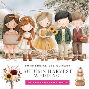 Puede incluir: Conjunto de ilustraciones digitales con cinco niños con ropa de otoño, un ramo de flores y una pila de calabazas. El texto dice: COMMERCIAL USE CLIPART AUTUMN HARVEST WEDDING 30 TRANSPARENT PNGS. Los personajes visten ropa en tonos cálidos.