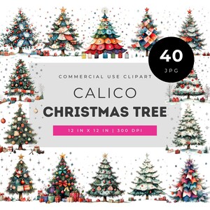 Weihnachtsbäume aus Calico-Stoff, Patchwork-Weihnachtsbaum-Illustration, gemütliches, handgefertigtes Festtags-Kunstset, farbenfrohe Weihnachtsdeko-Grafiken aus Stoff