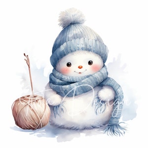 Puede incluir: Una ilustraci&oacute;n de acuarela de un mu&ntilde;eco de nieve con un gorro y una bufanda de punto azul, sosteniendo una bola de hilo. El mu&ntilde;eco de nieve tiene las mejillas sonrosadas y una sonrisa amigable.