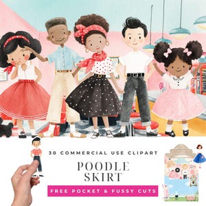 Op de afbeelding: Waterverfillustratie van een groep kinderen in kleding uit de jaren 50. De afbeelding heeft een poedelskirt-thema met de tekst "Poodle Skirt" en "30 Commercial Use Clipart". De kinderen bevinden zich in een diner.