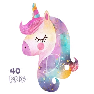 かわいいユニコーン ヘッドのクリップアート - 40 個の高品質 PNG - デジタル プランナー、ジャンク ジャーナリング、水彩、商用利用、デジタル ダウンロード、マグカップ