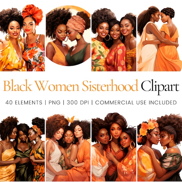 Black Women Sisterhood Clipart - 40 High Quality PNGs - Digital Planner, Junk Journaling, Watercolor, Commercial Use, Digital Download