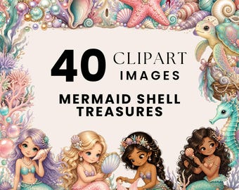 Mermaid Clipart PNG, Watercolor Mermaid Girl, Under the Sea Illustrations, Shell Coral Seahorse Art, Nursery Ocean Bundle, Commercial Use