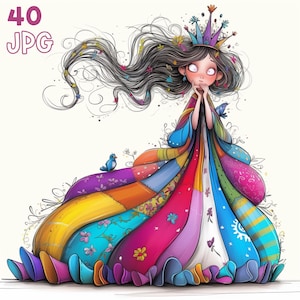 Bunte Prinzessin Clipart - 40 hochwertige JPG - Digitaler Planer, Junk Journaling, Wandkunst, kommerzielle Nutzung, Tasse, Sublimation, Scrapbooking