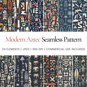 Puede incluir: Un conjunto de ocho patrones sin costuras que presentan diseños aztecas modernos en negro, blanco, amarillo, rojo, azul y verde. Los patrones son perfectos para usar en proyectos digitales e impresos.