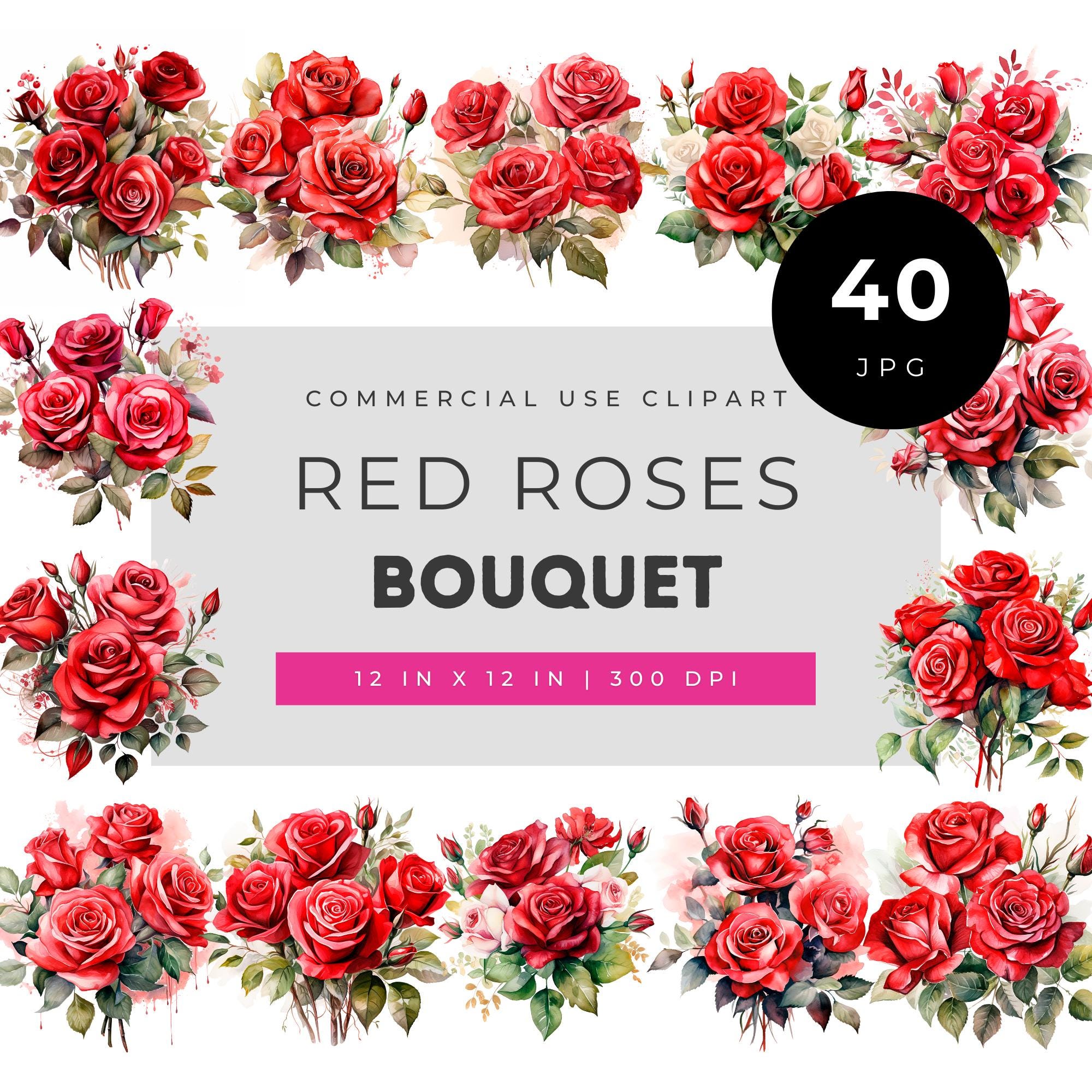 Red Roses Bouquet Watercolor Clipart Set for Invitations and Wedding ...