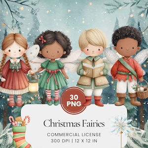 May include: A watercolour illustration featuring four Christmas fairies with wings, each in festive attire. One fairy carries a lantern, another reads a book, and a third holds a basket. The image includes the text "Christmas Fairies".