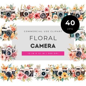 Floral camera clipart bundle, vintage camera with flowers, watercolor camera illustrations for photographers, scrapbooking creative projects