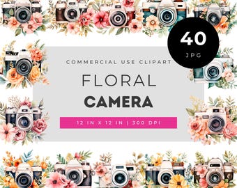 Floral camera clipart bundle, vintage camera with flowers, watercolor camera illustrations for photographers, scrapbooking creative projects